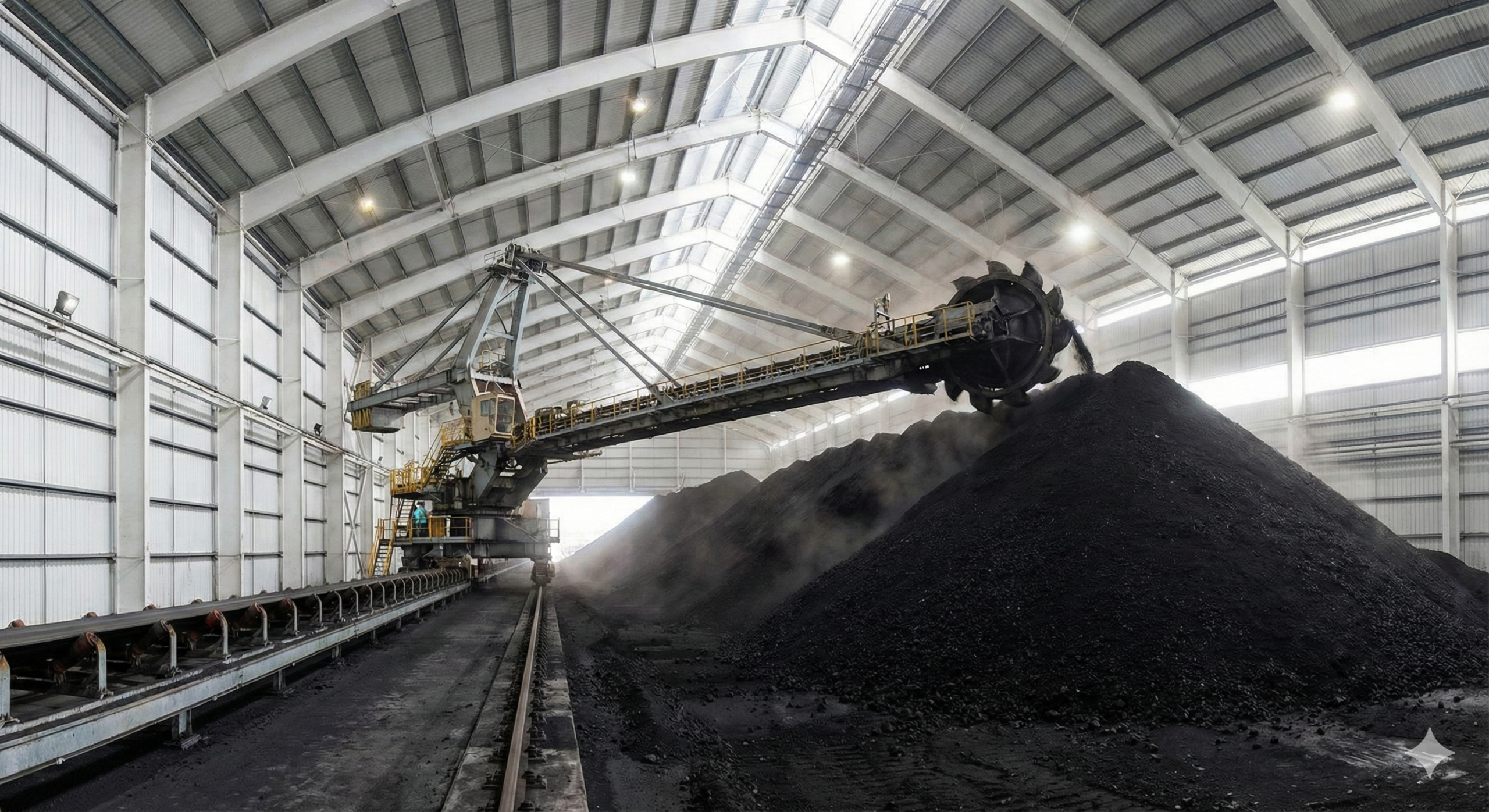 발전소 석탄 — 옥내저탄장 내부의 스태커 리클레이머 운전 모습