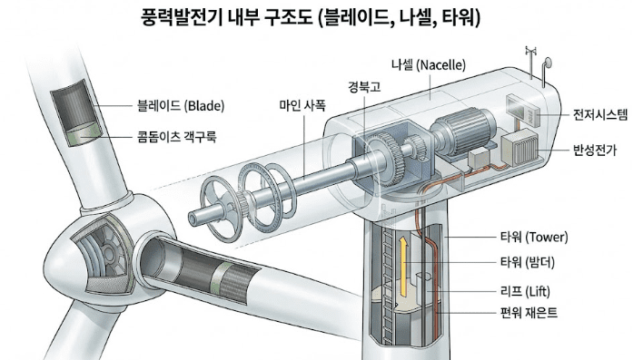 풍력발전 — 블레이드의 회전력이 주축과 증속기를 거쳐 발전기로 전달되는 에너지 변환 흐름도