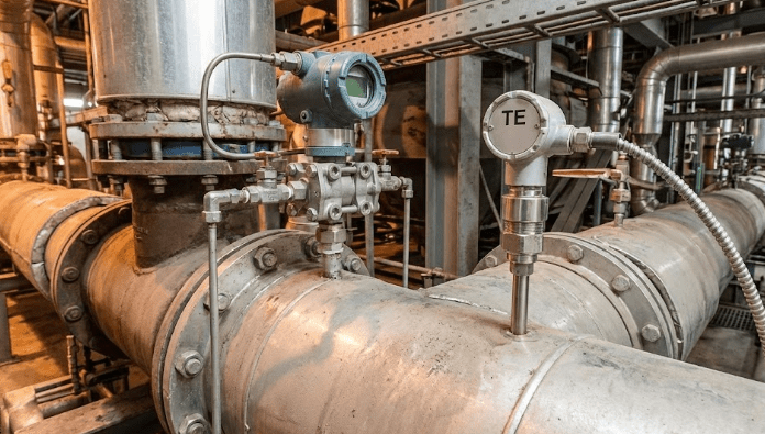 발전소 배관에 설치된 계측기 — 압력 전송기(Pressure Transmitter)와 온도 센서