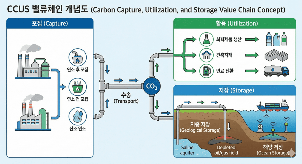 CCS — 탄소 포집부터 저장, 활용까지 이어지는 CCUS 밸류체인 개념도