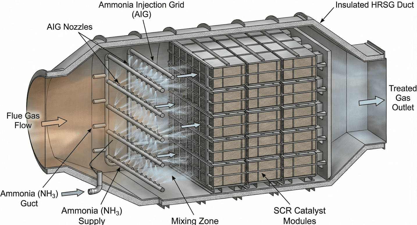HRSG 내부에 설치된 SCR 촉매 모듈과 암모니아 분사 그리드