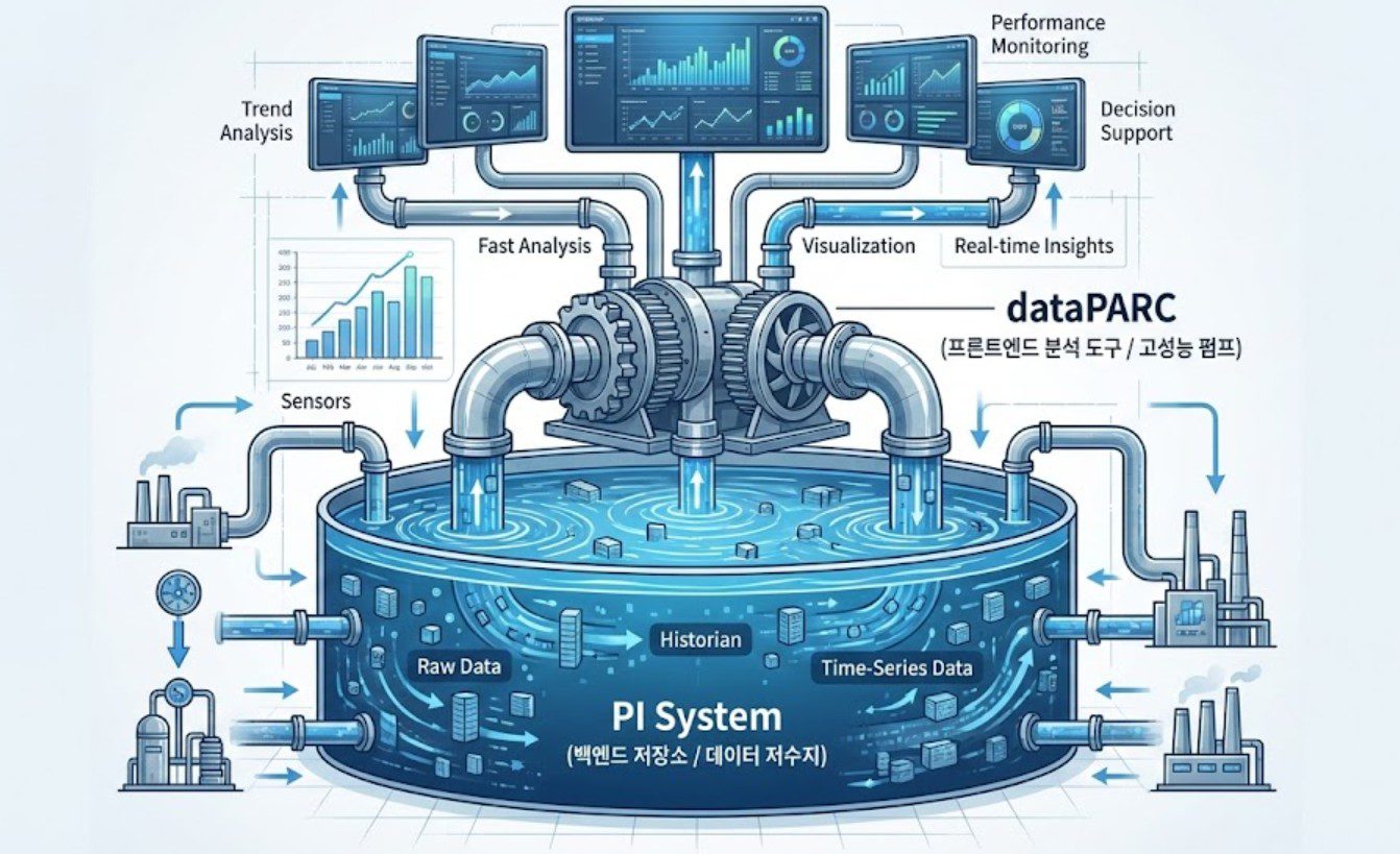 PI System은 백엔드 저장소 역할을, dataPARC는 프론트엔드 분석 도구 역할을 하는 구조