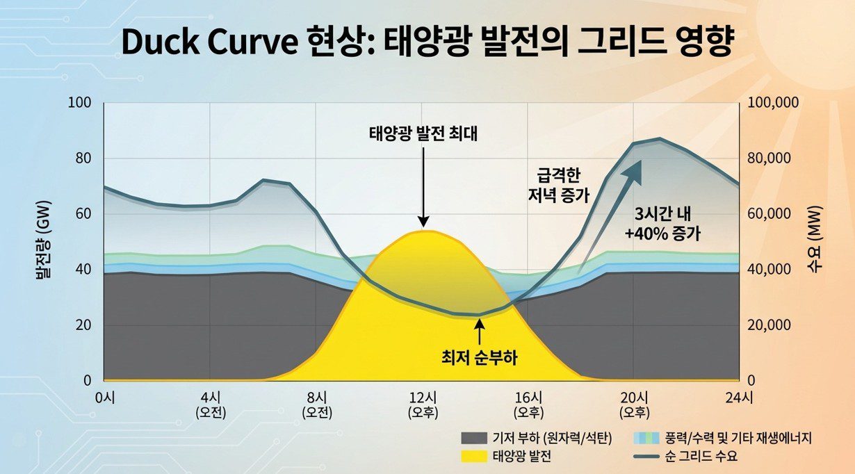 덕 커브(Duck Curve) 현상 그래프 에너지 전환 시대 전력망 운영