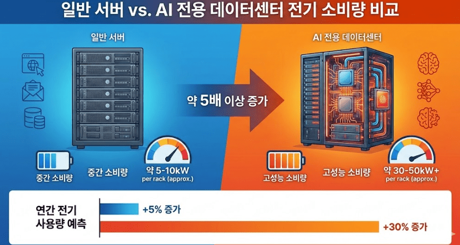 데이터센터 전기 소비량 AI 서버 랙 전력 밀도 비교