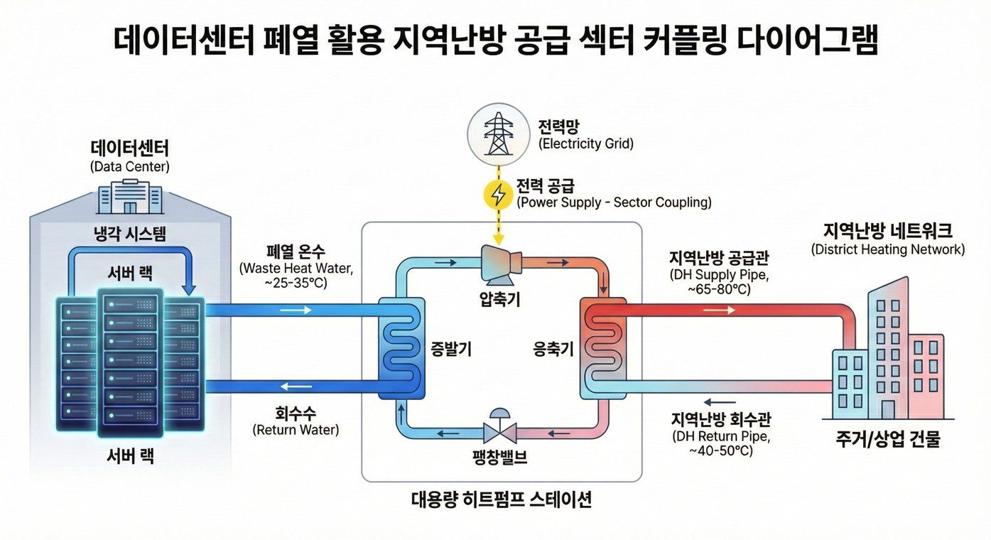데이터센터 냉각 폐열을 히트펌프로 회수해 지역난방에 공급하는 섹터 커플링 구조