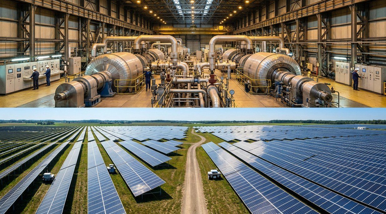에너지 전환 시대 화력발전소 터빈실과 태양광 패널의 대비