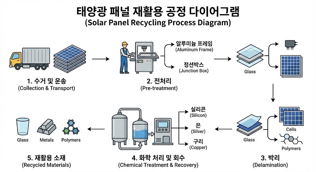 태양광 재활용 기계적 열적 화학적 처리 공정 다이어그램
