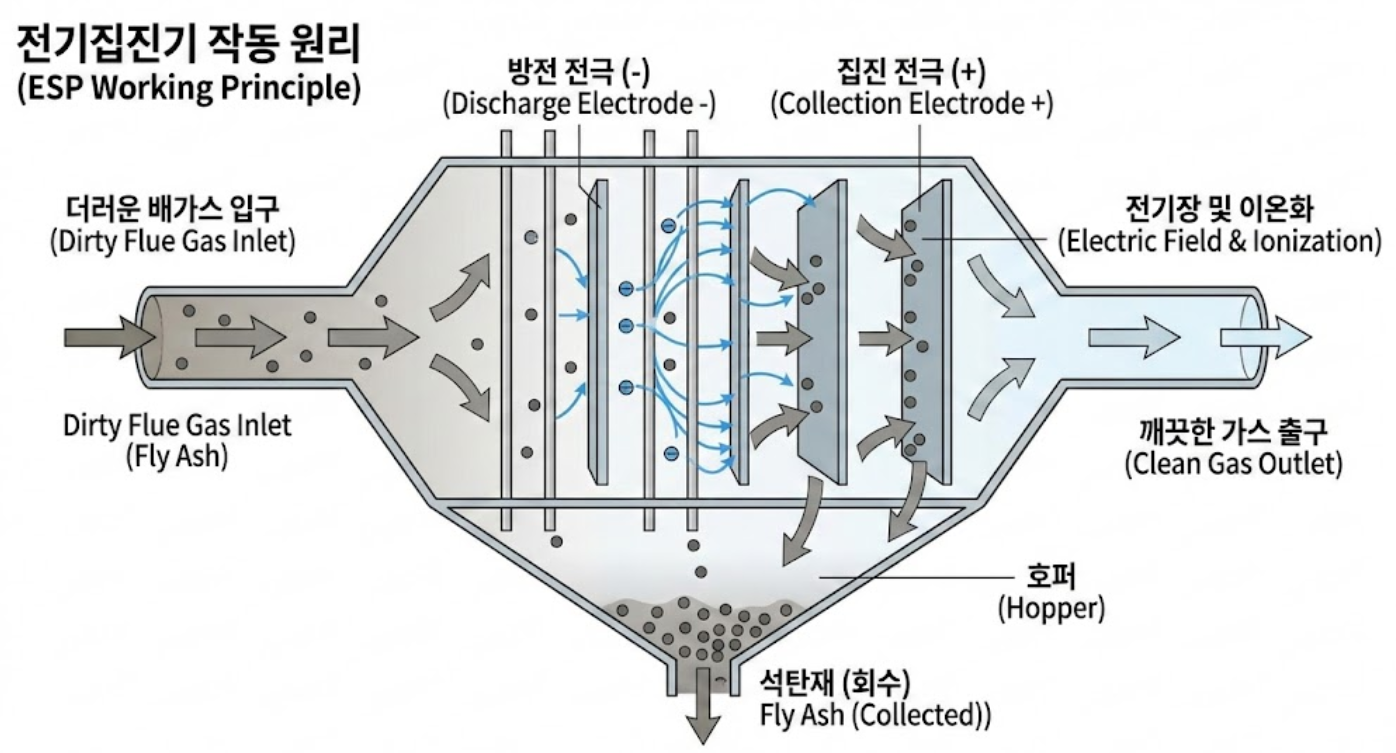 전기집진기 작동 원리 내부 구조 코로나 방전 집진판 메커니즘