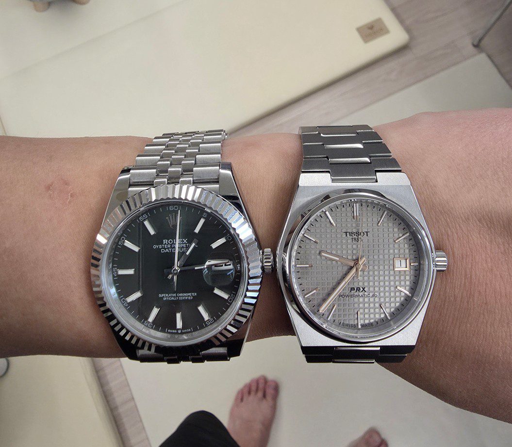 롤렉스 데이저스트 41과 티쏘 PRX 38mm 나란히 착용 비교
