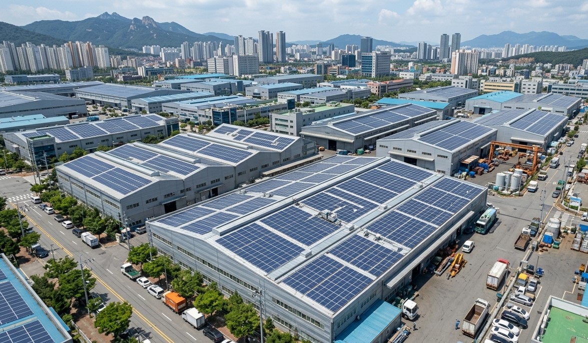 공장 태양광 패널이 설치된 산업단지 지붕 전경