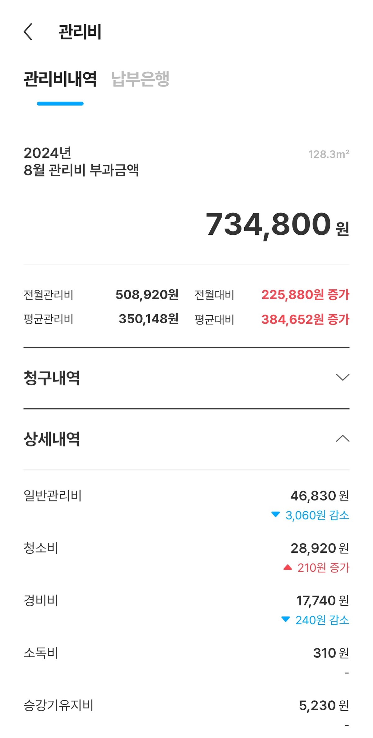 아파트 관리비 여름 고지서 734800원