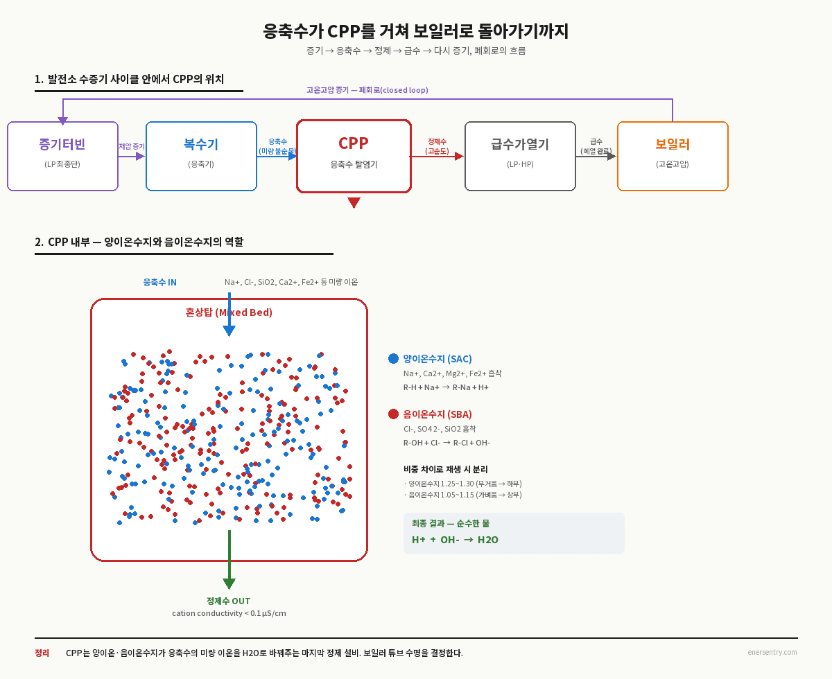발전소 수증기 사이클 안에서 CPP(응축수 탈염기)의 위치와 혼상탑 내부 작동 원리 — 양이온수지·음이온수지 흡착 반응